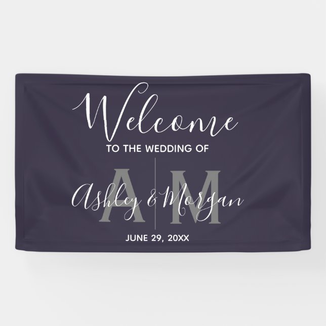 Modernes Gray & Blue Couple Monogram 36x24 Wedding Banner (Horizontal)