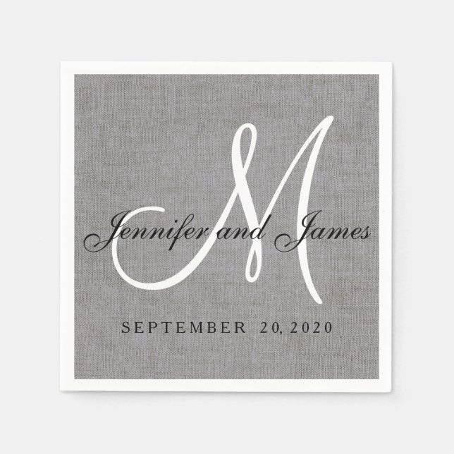 Modernes Gray Linen Monogram Hochzeitspapier Napki Serviette (Vorderseite)