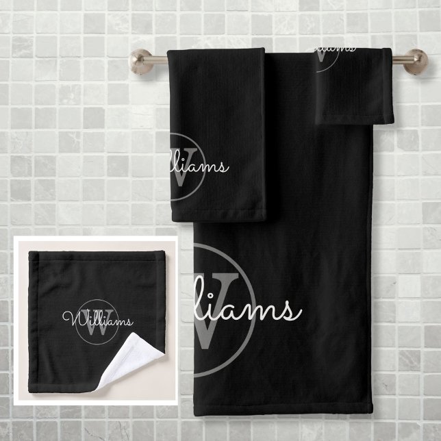 Modernes Gray Monogram Elegant Black Badhandtuch Set (Modern Gray Monogram Elegant Black Bath Towel Set)