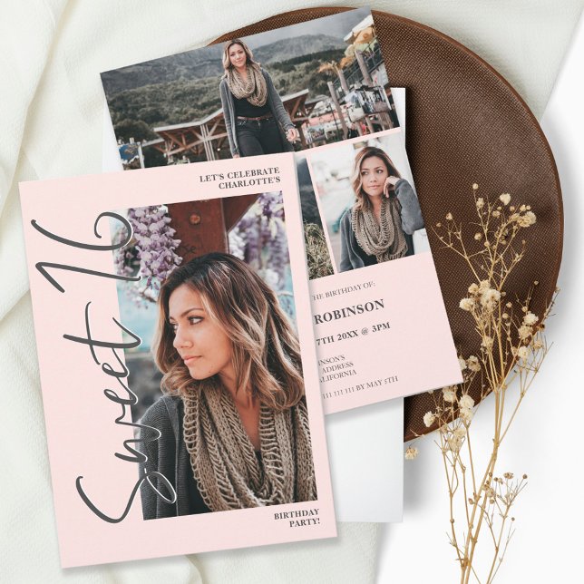 Modernes Gray-Skript 4 Fotos Rosa Sweet 16 Einladung (Von Creator hochgeladen)