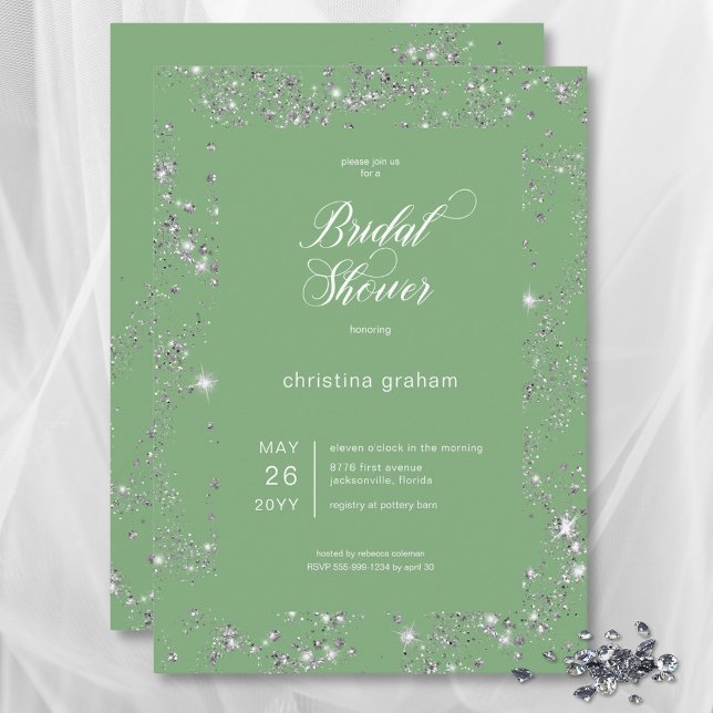 Modernes Green Glam Diamond Frame Brautparty Einladung (Modern Green Glam Diamond Frame Bridal Shower Invitation)