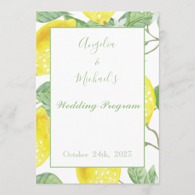 Modernes Green Gold Lemon Wedding Programm (Rückseite)