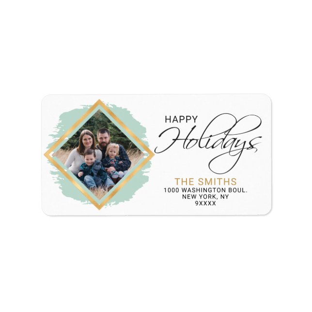 Modernes Green Sage Gold Foil Happy Holidays FOTO Adressaufkleber (Vorne)