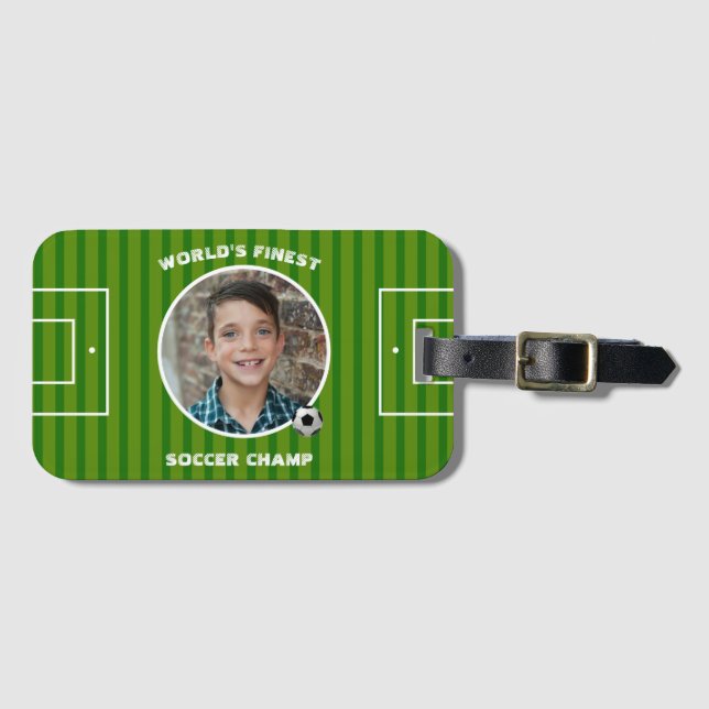 Modernes Green Soccer Sports Field Custom Foto Gepäckanhänger (Vorderseite (Horizontal))