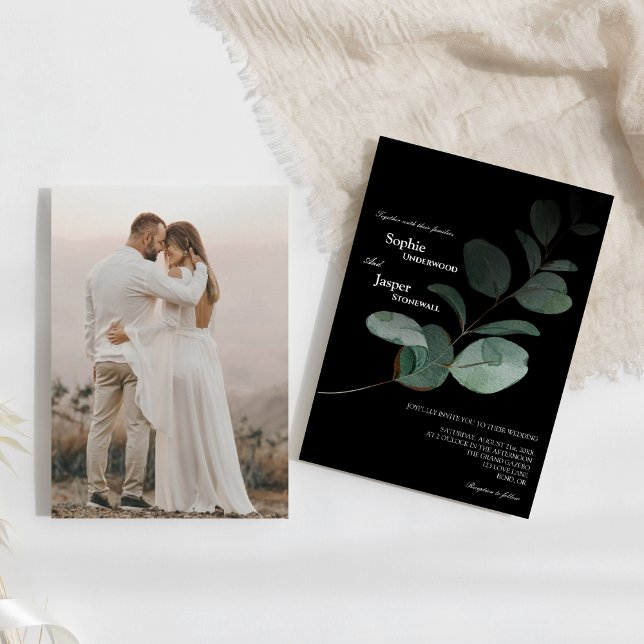 Modernes Greenery Black Foto Wedding Einladung (Von Creator hochgeladen)