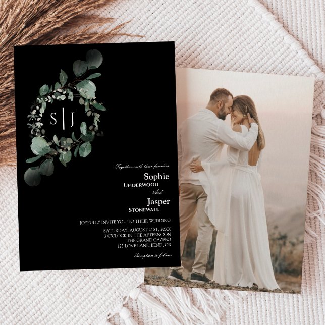 Modernes Greenery Black Monogram Foto Wedding Einladung (Von Creator hochgeladen)