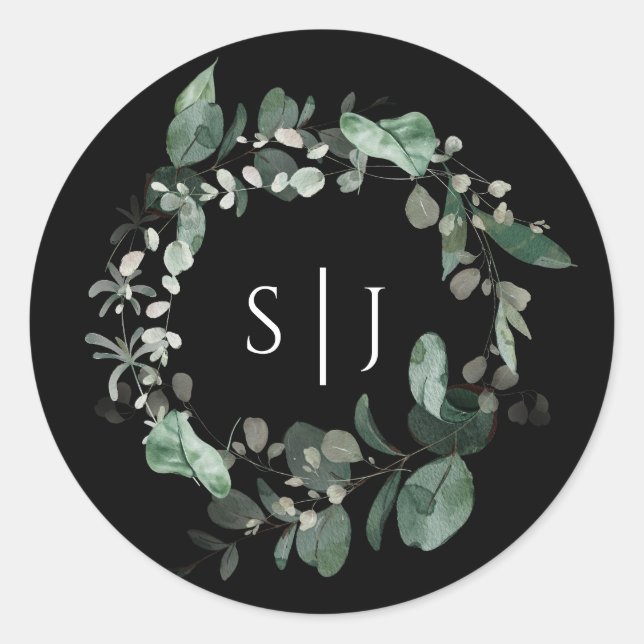 Modernes Greenery Black Monogram Wedding Sticker (Vorderseite)