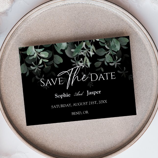 Modernes Greenery Black Wedding Flat Save the Date (Von Creator hochgeladen)