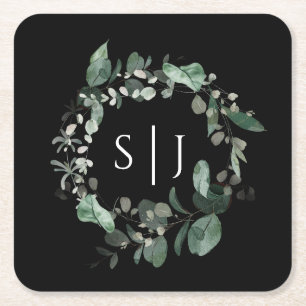Modernes Greenery Black Wedding Monogram Rechteckiger Pappuntersetzer