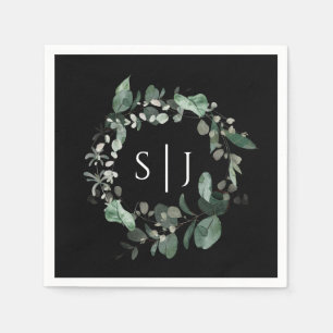 Modernes Greenery Black Wedding Monogram Serviette