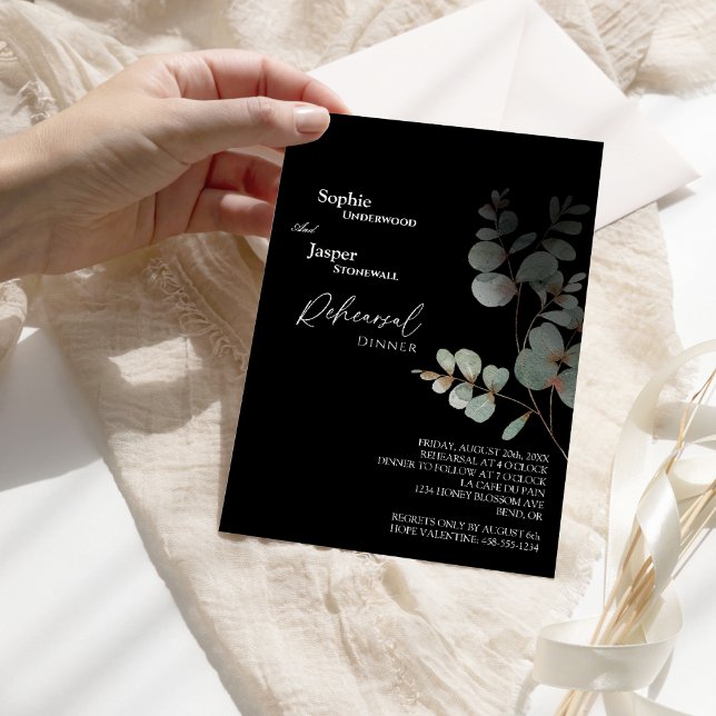 Modernes Greenery Black Wedding Probe Dinner Einladung (Von Creator hochgeladen)
