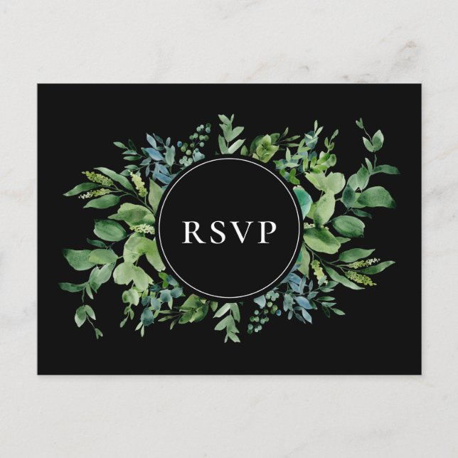 Modernes Greenery Black Wedding RSVP Song Request Einladungspostkarte (Vorderseite)