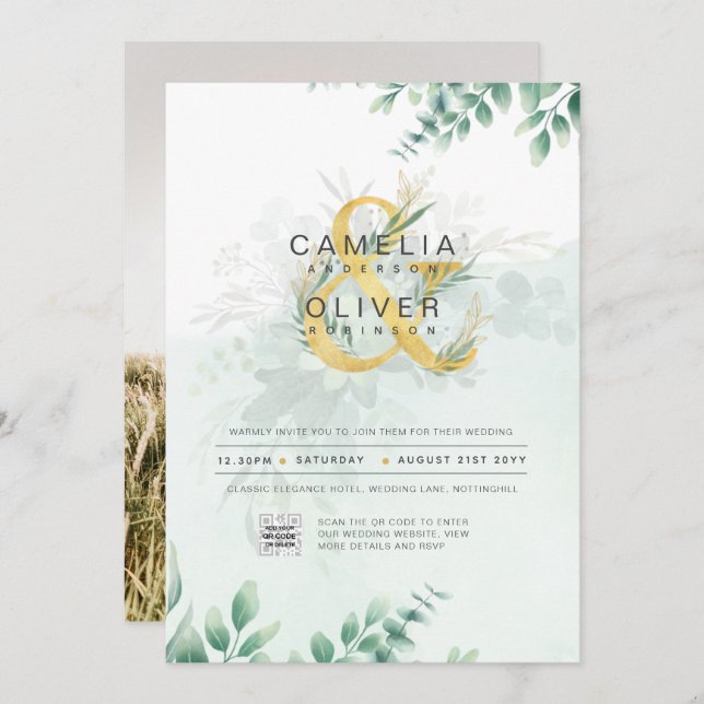 Modernes Greenery FOTO Hochzeit Einladung QR CODE (Vorne/Hinten)