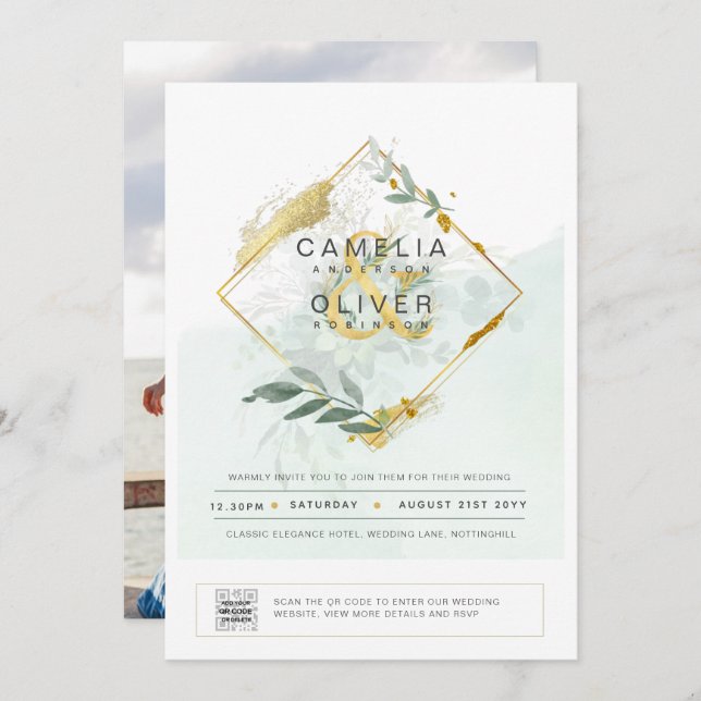Modernes Greenery FOTO Hochzeit Einladung QR CODE (Vorne/Hinten)