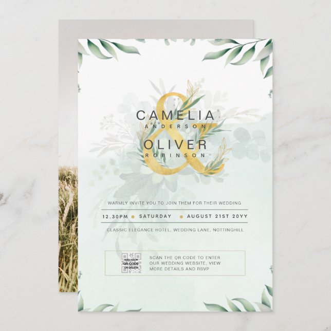 Modernes Greenery FOTO Hochzeit Einladung QR CODE (Vorne/Hinten)