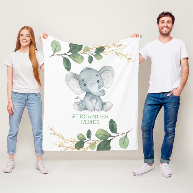 Modernes Greenery Gold Baby Elephant Boy Kinderzim Fleecedecke (Beispiel)