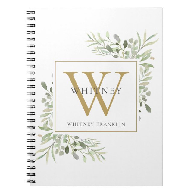 Modernes Greenery Gold Monogram Name Notebook Notizblock (Vorderseite)