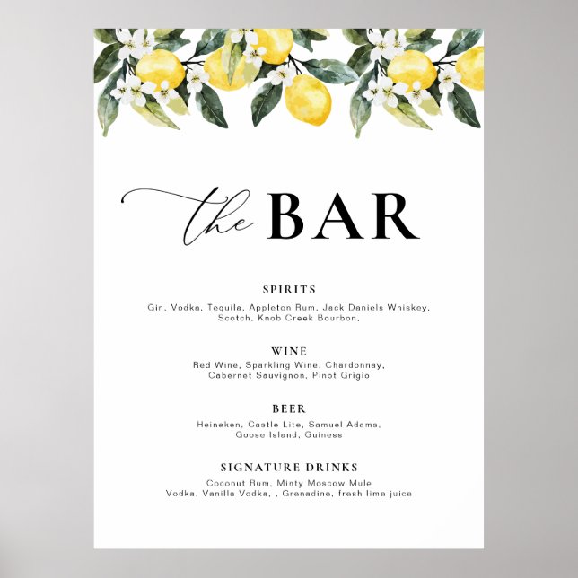Modernes Greenery Lemon Bar Menu Poster (Vorne)