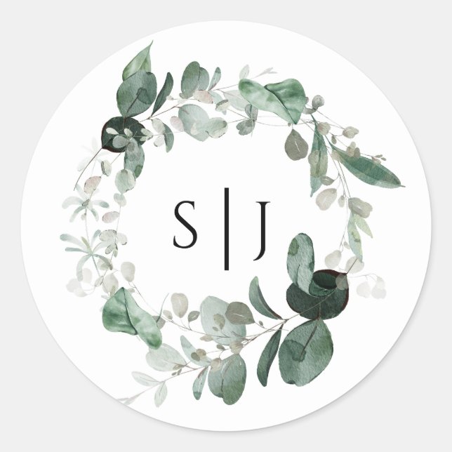 Modernes Greenery White Monogram Wedding Sticker (Vorderseite)