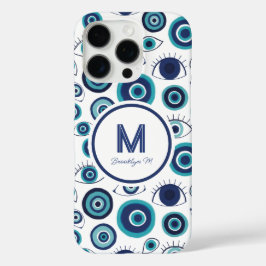 Modernes griechisches Evil Blue White Monogram iPhone 16 Pro Hülle