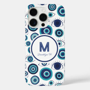 Modernes griechisches Evil Blue White Monogram iPhone 16 Pro Hülle