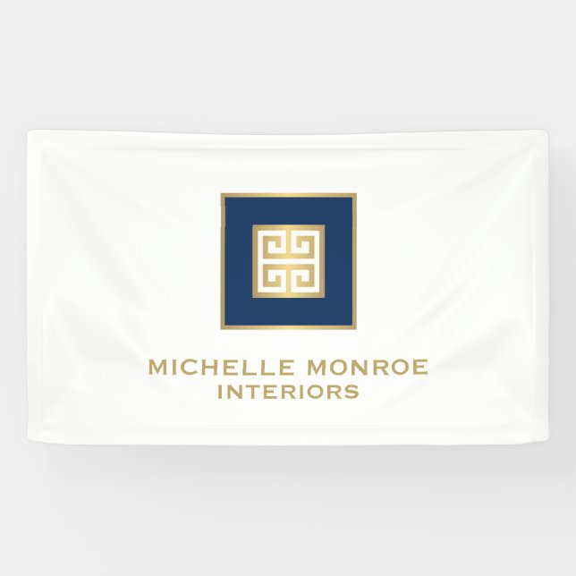Modernes griechisches Schlüssellogo Gold/Navy Blau Banner (Horizontal)