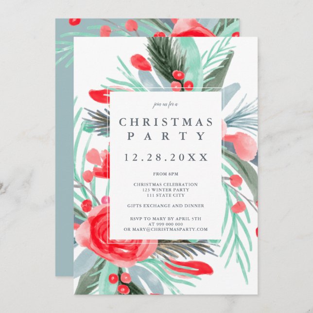 Modernes, grün blühendes Weihnachtsgebirge Weihnac Einladung (Vorne/Hinten)