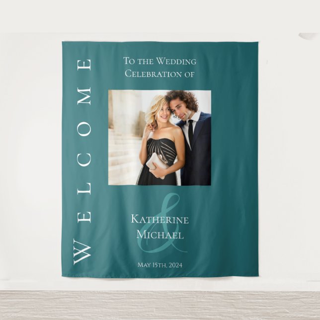 Modernes Grün-Foto-Hochzeit- Wandteppich (Vorderseite)