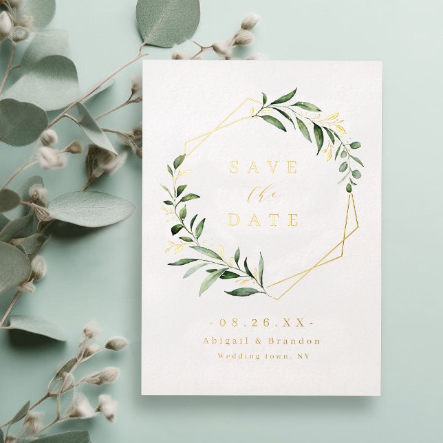 Modernes Grün, goldene Geometrie Save the Date Folieneinladung (Modern Greenery Gold Geometric Save The Date Foil Invitation)
