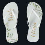 Modernes Grün Goldene geometrische Personalisierte Flip Flops<br><div class="desc">Rustikales botanisches Blattgrün-Design mit personalisiertem Namen,  schlicht und elegant,  großartige personalisierte Geschenke für BrautAlle passenden Stücke in Kollektion</div>