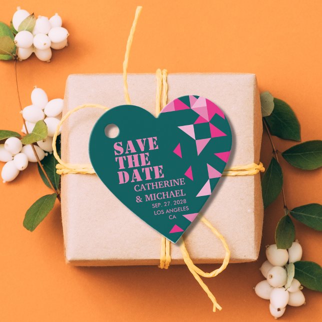 Modernes Grün/Rosa Herz Save the Date Geschenkanhänger (Von Creator hochgeladen)