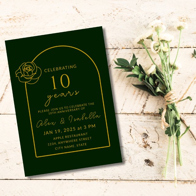 Modernes Grün und Gold 10. Hochzeitstag Einladung (Modern Elegant Minimalist green and gold 10 years wedding anniversary party invitation)