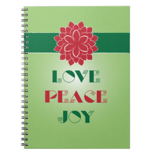 Modernes Grün und Rot Love, Peace, Joy Zitat Notizblock