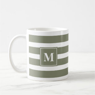 Modernes Grün und Weiß Streifen mit Monogramm Kaffeetasse