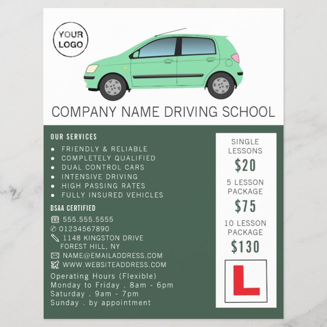 Modernes grünes Auto, Fahrschule, Lehrer Flyer (Vorne)