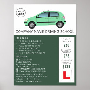 Modernes grünes Auto, Fahrschule, Lehrer Poster