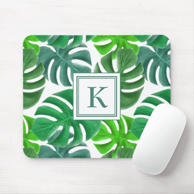 Modernes grünes botanisches Monogramm Mousepad (Mit Mouse)