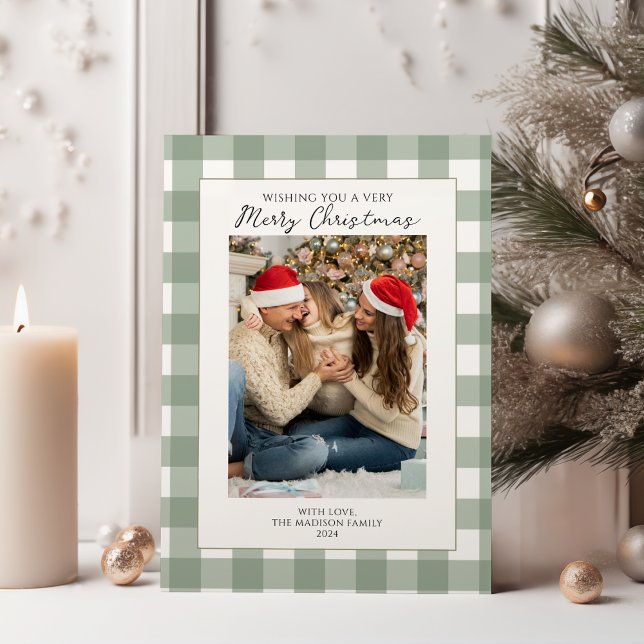 Modernes grünes Kariertes Foto frohe Weihnachten (Von Creator hochgeladen)