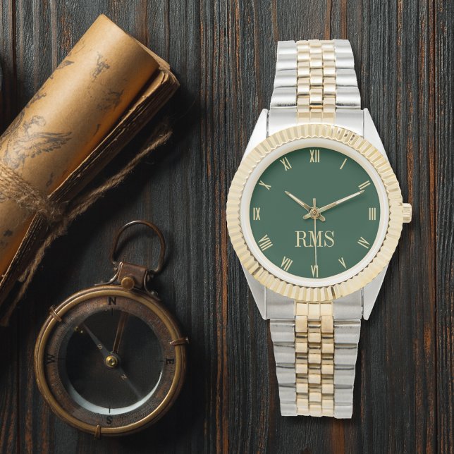 Modernes, grünes, Mit Monogramm Gold, Silber-Tone- Armbanduhr (Modern Green Monogrammed Gold Silver Tone Bracelet Watch)