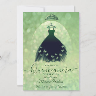 Modernes, grünes Schmetterlingskleid Tiara Quince Einladung