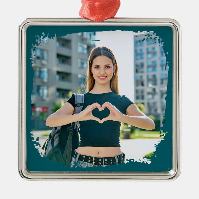 Modernes Grunge Border Foto Ornament Aus Metall (Vorne)