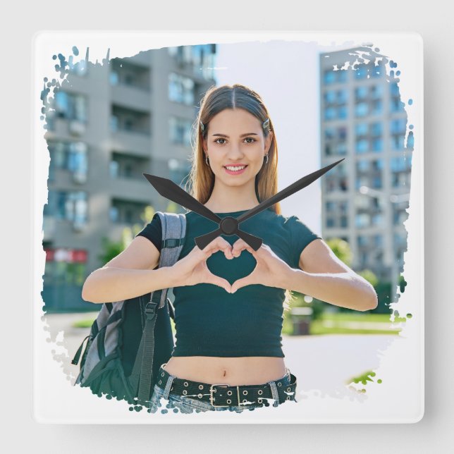 Modernes Grunge Border Foto Quadratische Wanduhr (Vorderseite)