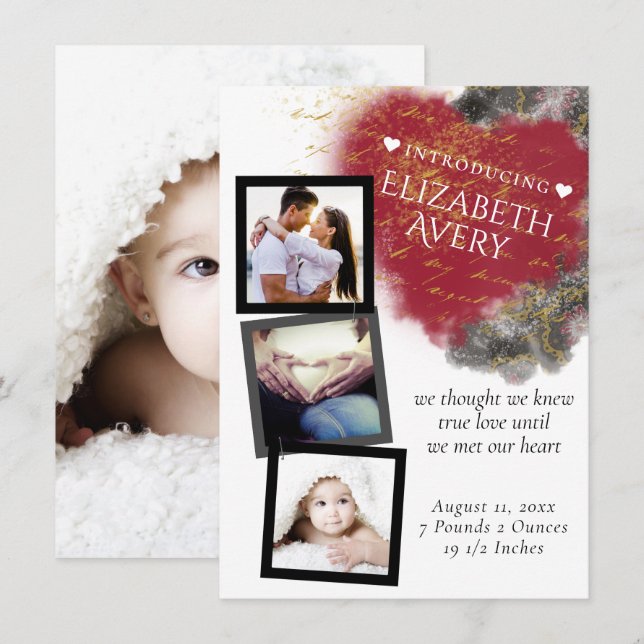 Modernes Grunge Herz und Paint Spritzer Foto Birth Ankündigung (Vorne/Hinten)