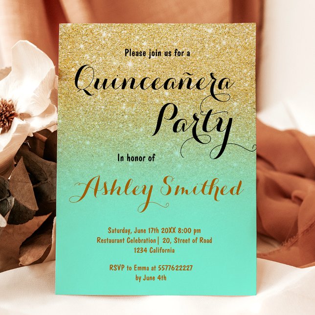 Modernes gürtelgoldenes Glitzer-Minze-Grün Quincea Einladung (Modern girly gold glitter mint green Quinceañera Invitation)