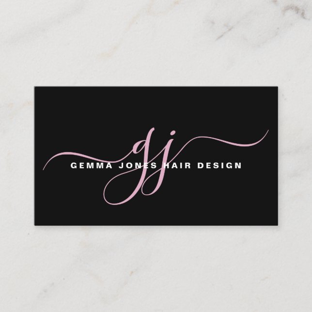 Modernes Hair Stylist Pink Script Monogram Black Visitenkarte (Vorderseite)