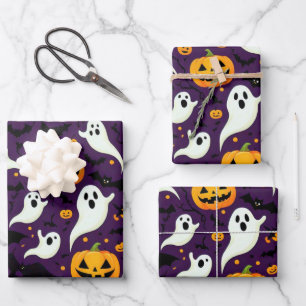 Modernes Halloween Bats Pumpkin Ghost Pattern Lila Geschenkpapier Set