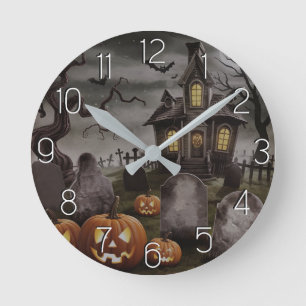 Modernes Halloween Orange Pumpkin Spuk Haus Runde Wanduhr