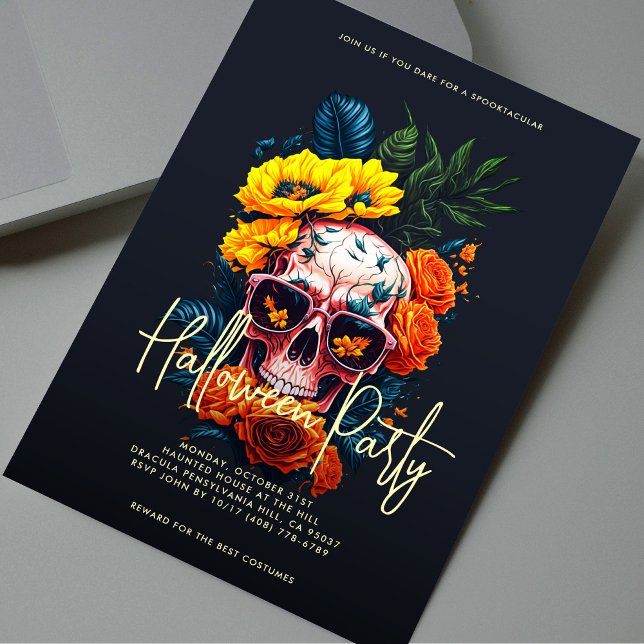 Modernes Halloween-Party mit Blumenschädel Einladung (Floral Skull Halloween Party Invitation
)