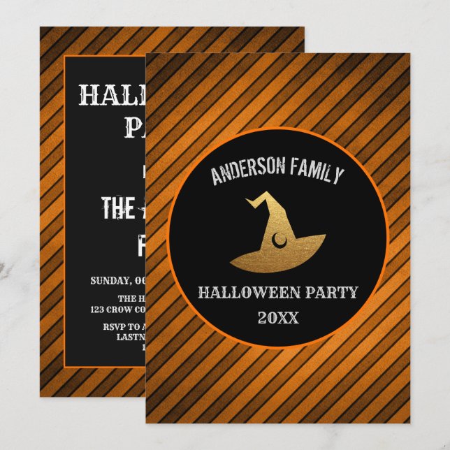 Modernes Halloween-Party Orange und Schwarze Hexe Einladung (Vorne/Hinten)
