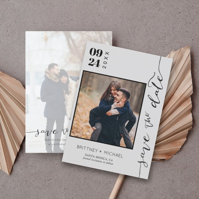 Modernes handgeschriebenes Foto Save the Date grau (Von Creator hochgeladen)